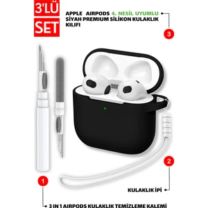 4. Nesil Uyumlu Siyah Silikon Kulaklık Kılıfı, Kulaklık Ipi ve 3'ü 1 Arada Temizleme Kalemi Seti