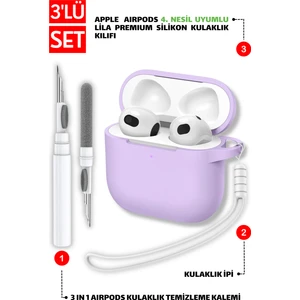 4. Nesil Uyumlu Lila Silikon Kulaklık Kılıfı, Kulaklık Ipi ve 3'ü 1 Arada Temizleme Kalemi Seti