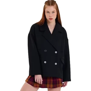 A6194 Düğmeli Kısa Siyah Kaşe Kaban