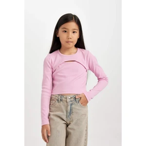 Kız Çocuk Slim Fit Dar Kesim Bisiklet Yaka Fitilli Kaşkorse Uzun Kollu Tişört D0705A824AU
