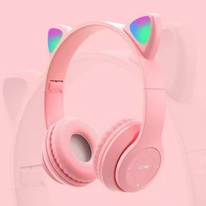 Kız Çocukları Için Sd Kart Girişli Bluetooth 5.0 Kafa Üstü Kulaklık Akıllı Rgb Işıklı Kedi Kulaklık