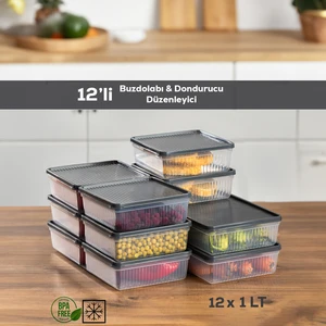 1180 12 li Buzdolabı Organizer  Derin Dondurucuya Uygun Buzluk Bakliyat Saklama Kabı - Antrasit