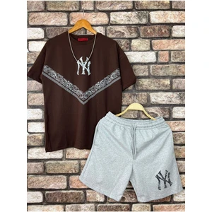 Erkek Kahverengi Ny Baskılı Tshirt Şort Takım