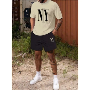 Erkek Bej New York Baskılı Şort T-Shirt Takım