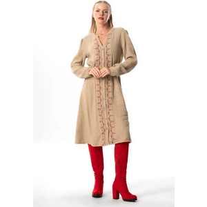 Uzun Kol Kıvılcım V Yaka Sonbahar ve Kışlık Nakışlı Kısa Double Müslin Elbise Vizon Vzn