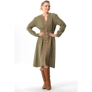 Uzun Kol Kıvılcım V Yaka Sonbahar ve Kışlık Nakışlı Kısa Double Müslin Elbise Haki Hk