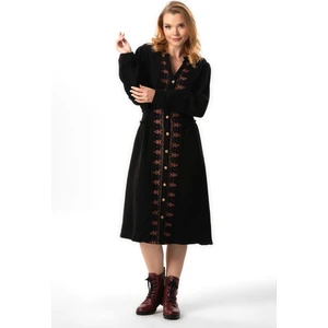 Uzun Kol Kıvılcım V Yaka Sonbahar ve Kışlık Nakışlı Kısa Double Müslin Elbise Siyah Syh