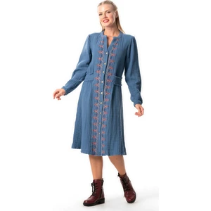 Uzun Kol Kıvılcım V Yaka Sonbahar ve Kışlık Nakışlı Kısa Double Müslin Elbise Indigo Indg