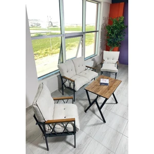 UFUK HOME Miray 211 Masalı Krem Fermuarlı Bahçe Balkon Takımı, Salon, Teras- Berjer Düğmeli Metal Çay Seti