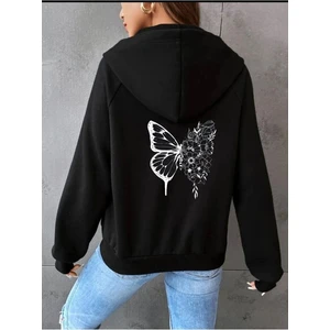 Unisex Siyah Kelebek Sırt Baskılı Ince Mevsimlik Kapşonlu Oversize Hırka