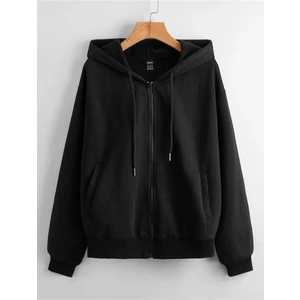 Unisex Siyah Yuvarlak Sırt Baskılı Ince Mevsimlik Kapşonlu Oversize Hırka