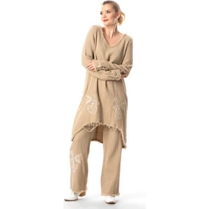 Eliş Şile Bezi Uzun Kol Filiz V Yaka Sonbahar ve Kışlık Asimetrik Kesim Nakışlı Double Müslin Tunik Vizon Vzn