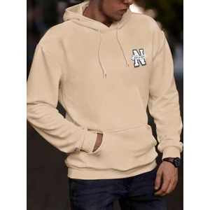 Erkek Bej New York Baskılı Kapüşonlu Sweatshirt