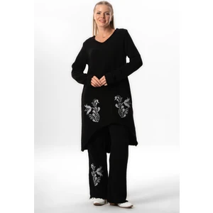 Eliş Şile Bezi Uzun Kol Filiz V Yaka Sonbahar ve Kışlık Asimetrik Kesim Nakışlı Double Müslin Tunik Siyah Syh