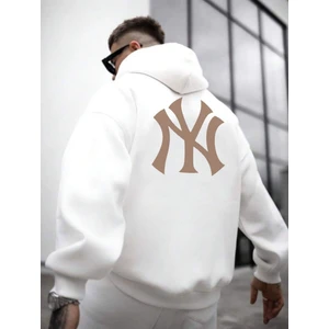 Erkek Beyaz Ön Arka Ny Baskılı Kapüşonlu Sweatshirt