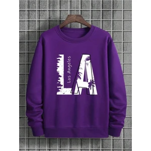 Erkek Mor La Baskı Bisiklet Yaka Sweatshirt