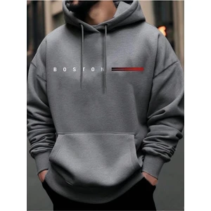 Erkek Boston Baskılı Oversize Kapşonlu Sweatshirt