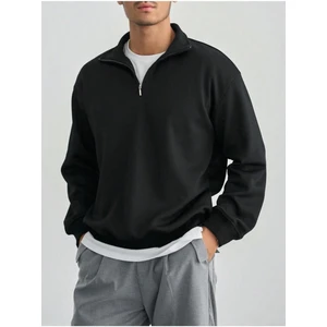 Erkek Bej Yarım Fermuarlı Oversize Polo Yaka Sweatshirt