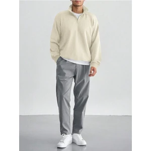 Erkek Bej Yarım Fermuarlı Oversize Polo Yaka Sweatshirt
