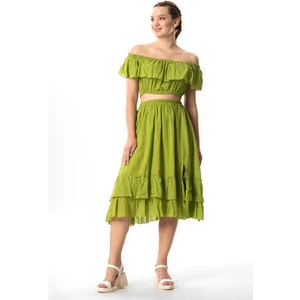 Lavinya Beli Lastikli Vual Uzun Yazlık Etek Fıstık Yeşili Fysl