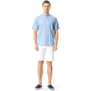 Kısa Kol Şile Bezi Hakim Yaka Tek Cepli Erkek Yazlık Gömlek Mavi Beyaz Çizgili 3019