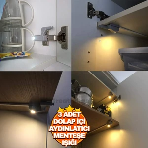 3 Adet Gardrop Dolap İçi LED Aydınlatıcı Menteşe Işığı