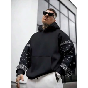 Erkek Kahverengi Kol Desenli Oversize Kapşonlu Sweatshirt