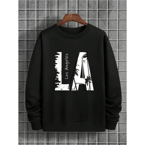 Erkek Siyah La Baskı Bisiklet Yaka Sweatshirt