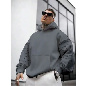 Erkek Kahverengi Kol Desenli Oversize Kapşonlu Sweatshirt