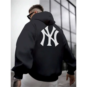 Erkek Ön Arka Ny Baskılı Kapüşonlu Sweatshirt