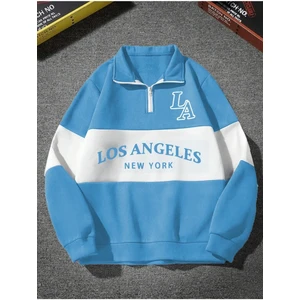 Unisex Bebe Mavi Los Angeles Baskılı Oversize Parçalı Polo Yaka Fermuarlı Sweatshirt