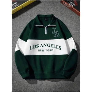 Unisex Yeşil Los Angeles Baskılı Oversize Parçalı Polo Yaka Fermuarlı Sweatshirt