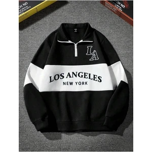 Unisex Siyah Los Angeles Baskılı Oversize Parçalı Polo Yaka Fermuarlı Sweatshirt