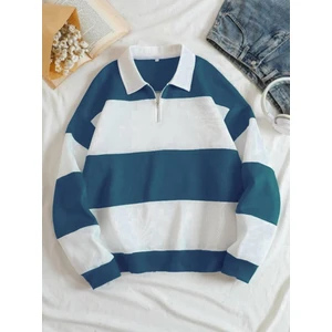 Unisex Çizgili Oversize Polo Yaka Yarım Fermuarlı Sweatshirt