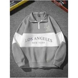 Unisex Duman Gri Los Angeles Baskılı Oversize Parçalı Polo Yaka Fermuarlı Sweatshirt