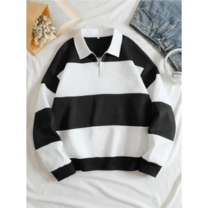 Unisex Çizgili Oversize Polo Yaka Yarım Fermuarlı Sweatshirt