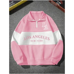 Unisex Pembe Los Angeles Baskılı Oversize Parçalı Polo Yaka Fermuarlı Sweatshirt