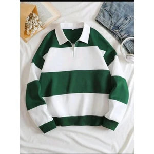 Unisex Çizgili Oversize Polo Yaka Yarım Fermuarlı Sweatshirt