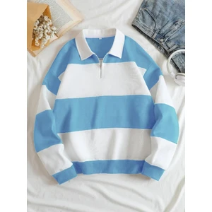 Unisex Bebe Mavi Çizgili Oversize Polo Yaka Yarım Fermuarlı Sweatshirt