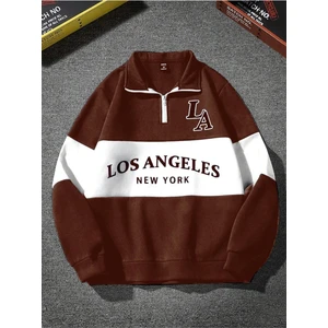 Unisex Kahverengi Los Angeles Baskılı Oversize Parçalı Polo Yaka Fermuarlı Sweatshirt