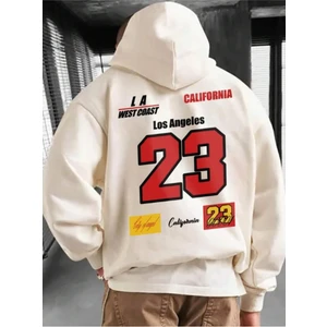 Unisex Bej California Los Angeles 23 Baskılı Oversize Kapşonlu Sweatshirt