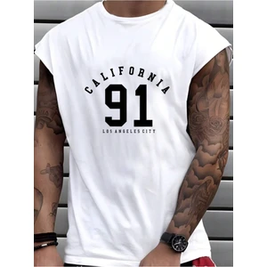 Erkek Beyaz California 91 Baskılı Kolsuz T-Shirt
