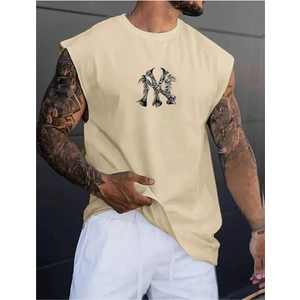 Erkek Bej Ny Baskılı Oversize Kolsuz T-Shirt