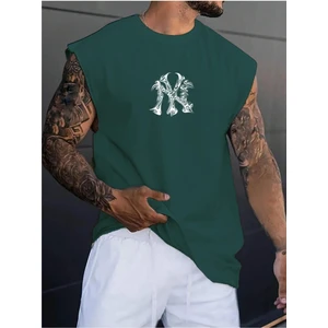 Erkek Yeşil Ny Baskılı Oversize Kolsuz T-Shirt