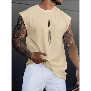Erkek Bej Dikey Baskılı Oversize Kolsuz T-Shirt
