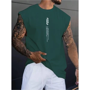 Erkek Yeşil Dikey Baskılı Oversize Kolsuz T-Shirt