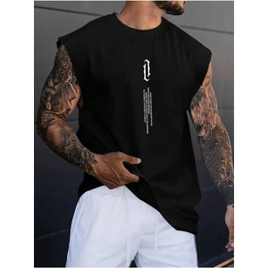 Erkek Siyah Dikey Baskılı Oversize Kolsuz T-Shirt