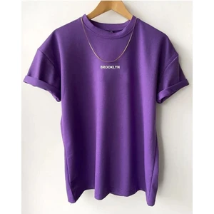 Unisex Mor Brooklyn Baskılı Oversize Tshirt