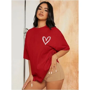 Kadın Kırmızı Kalp Baskılı Oversize T-Shirt