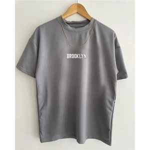 Unisex Gri Brooklyn Baskılı Oversize Tshirt